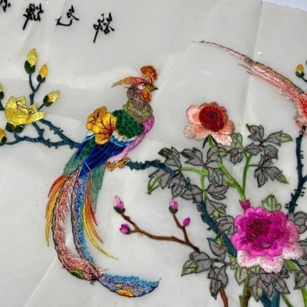 Vintage Japanese Silk Hand Embroidered Embroidery Birds and Flowers Needlepoint
